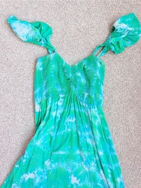 Smocked Tie-Dye Green Maxi Dress with Flutter Straps